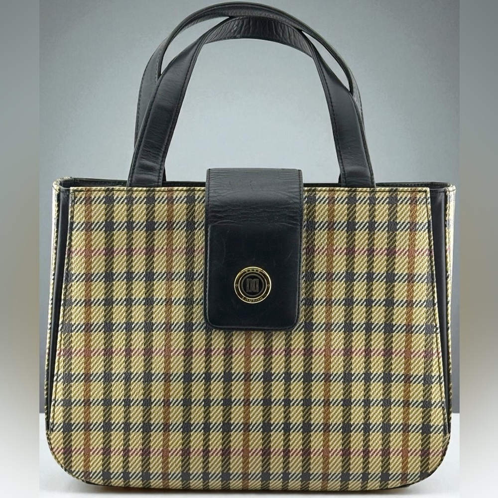DAKS London Vintage Plaid Handbag | Black Leather Trim Top Handle Satchel Purse
